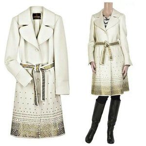 New Rare Roberto Cavalli off White Embellished Wool Trench coat Size 44